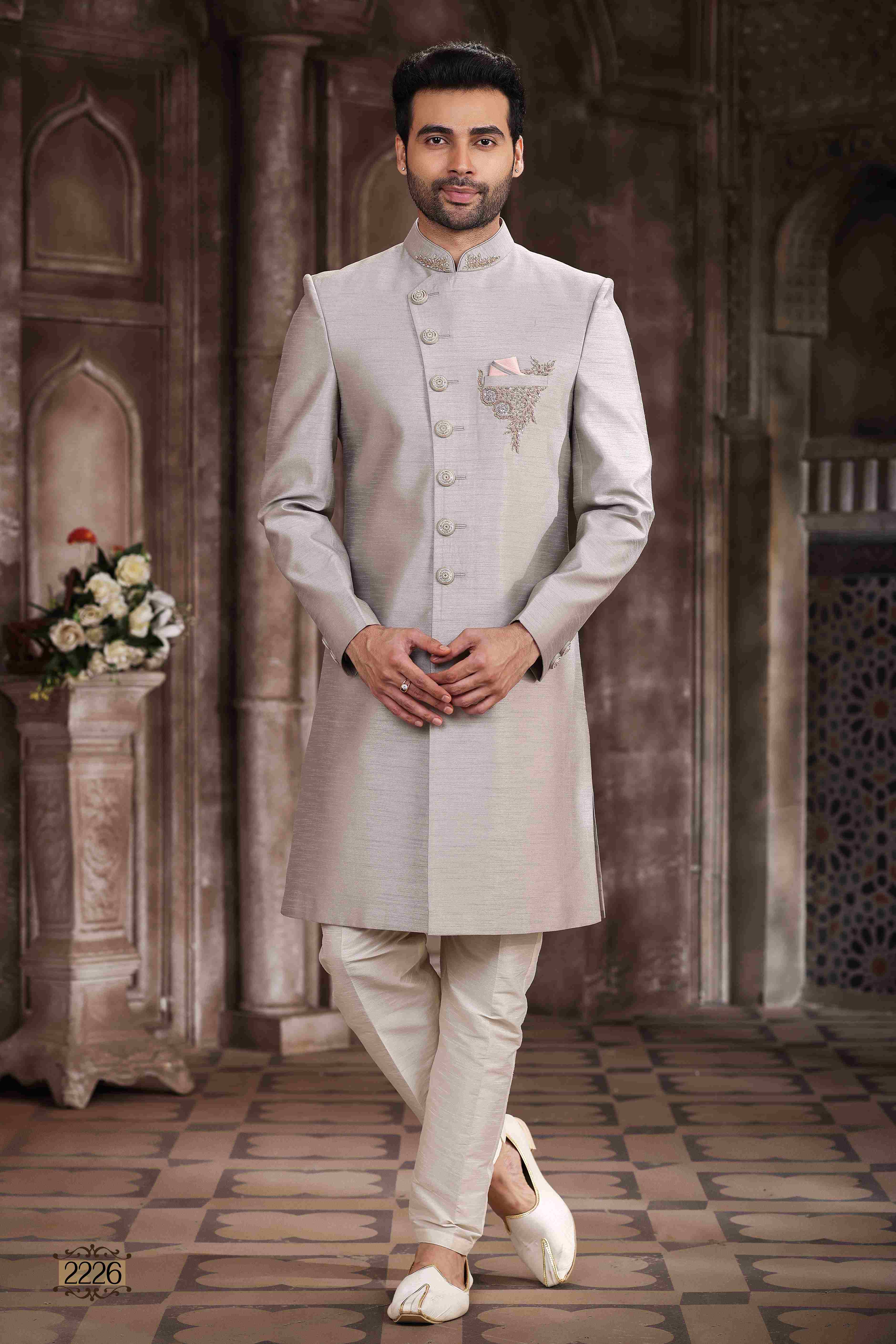 Raivat Ethnic Art Silk Embroidery Work Sherwani In Light Grey Colour | Grocsy