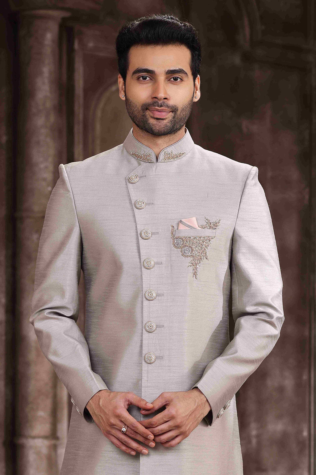 Raivat Ethnic Art Silk Embroidery Work Sherwani In Light Grey Colour | Grocsy