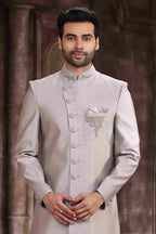 Raivat Ethnic Art Silk Embroidery Work Sherwani In Light Grey Colour | Grocsy