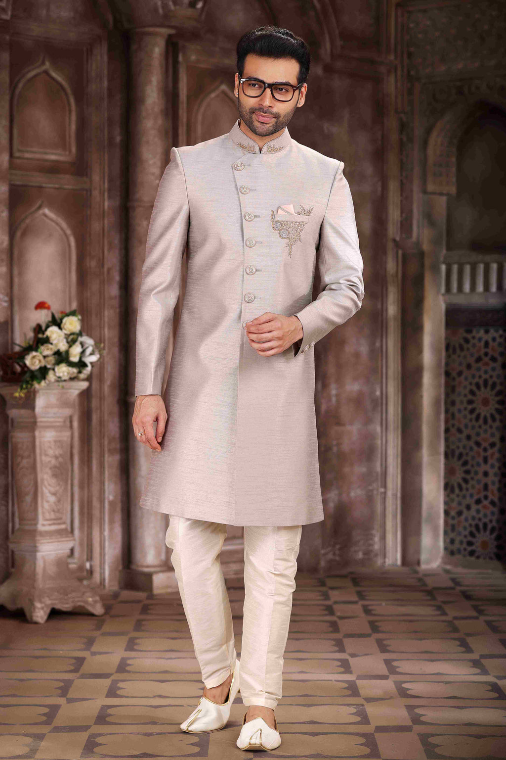 Raivat Ethnic Art Silk Embroidery Work Sherwani In Light Grey Colour | Grocsy