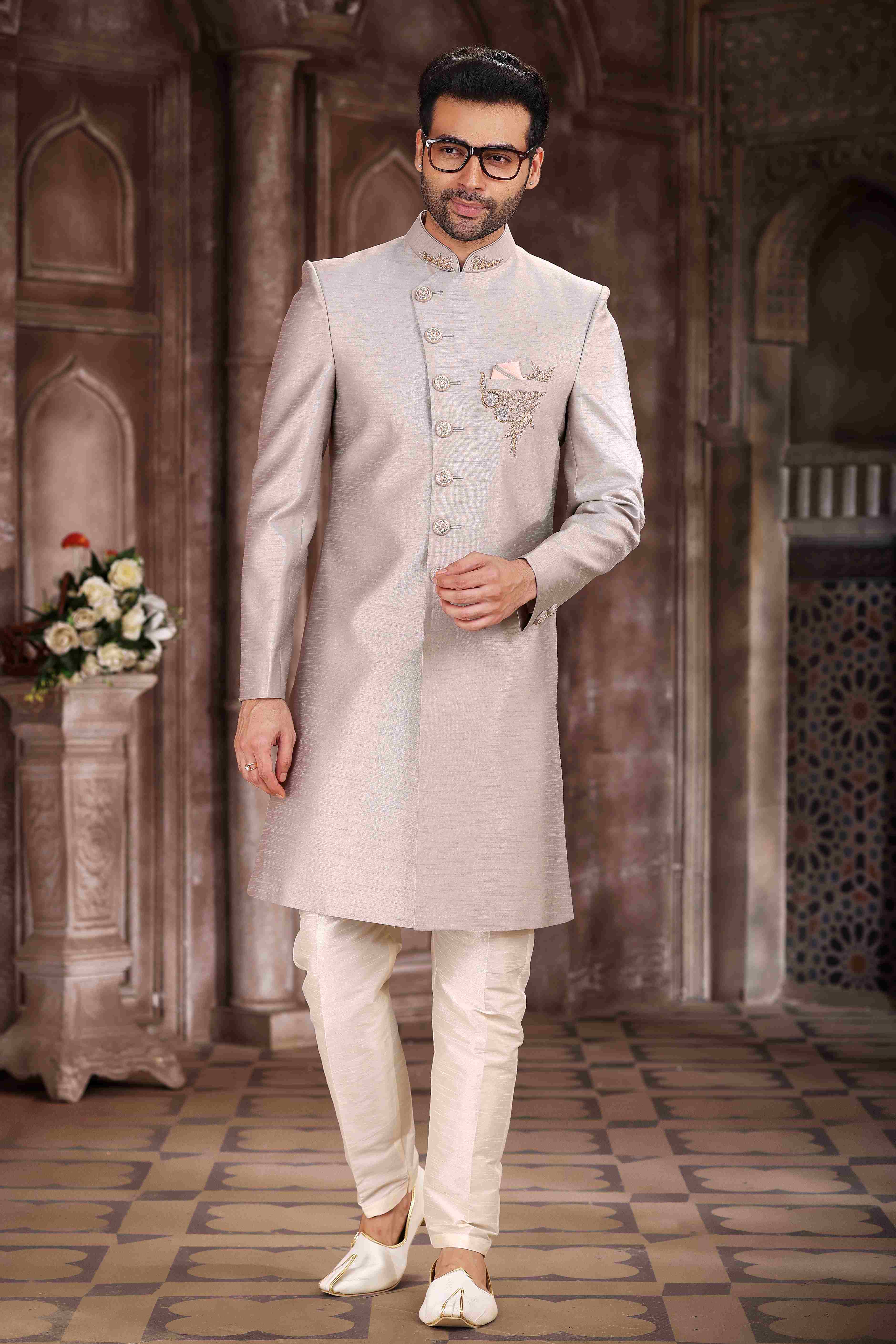 Raivat Ethnic Art Silk Embroidery Work Sherwani In Light Grey Colour | Grocsy