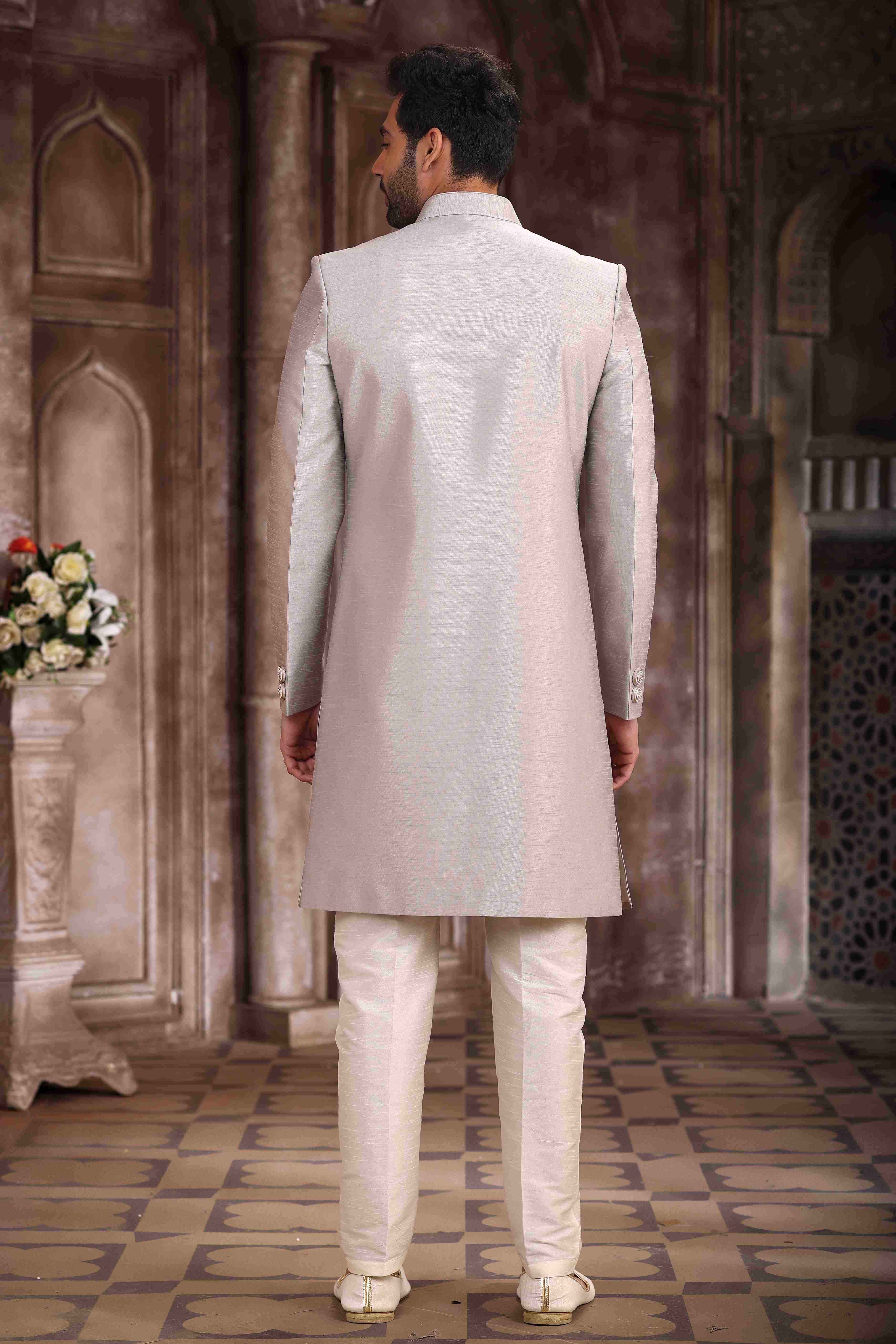 Raivat Ethnic Art Silk Embroidery Work Sherwani In Light Grey Colour | Grocsy