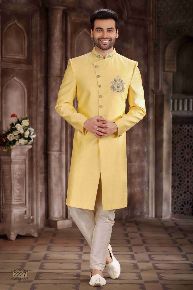 Raivat Ethnic Art Silk Embroidery Work Sherwani In Yellow Colour | Grocsy