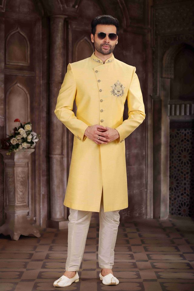Raivat Ethnic Art Silk Embroidery Work Sherwani In Yellow Colour | Grocsy