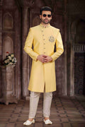 Raivat Ethnic Art Silk Embroidery Work Sherwani In Yellow Colour | Grocsy