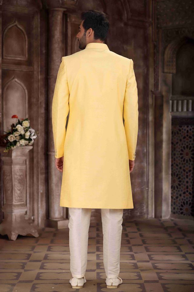 Raivat Ethnic Art Silk Embroidery Work Sherwani In Yellow Colour | Grocsy