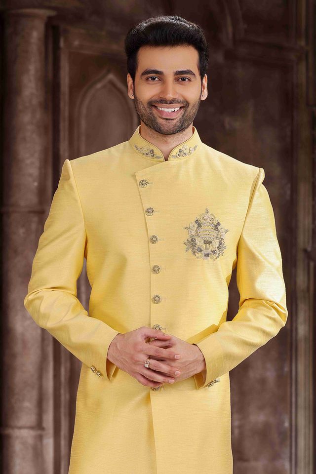 Raivat Ethnic Art Silk Embroidery Work Sherwani In Yellow Colour | Grocsy