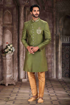 Raivat Ethnic Art Silk Embroidery Work Sherwani In Green Colour | Grocsy