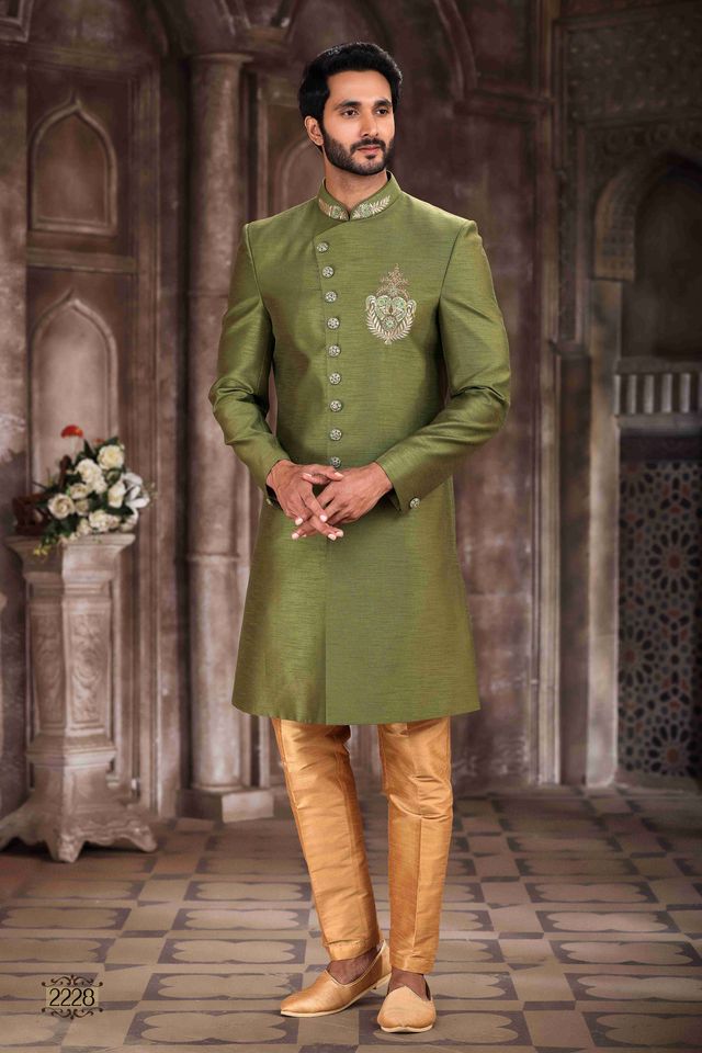 Raivat Ethnic Art Silk Embroidery Work Sherwani In Green Colour | Grocsy