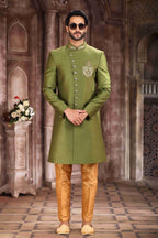 Raivat Ethnic Art Silk Embroidery Work Sherwani In Green Colour | Grocsy
