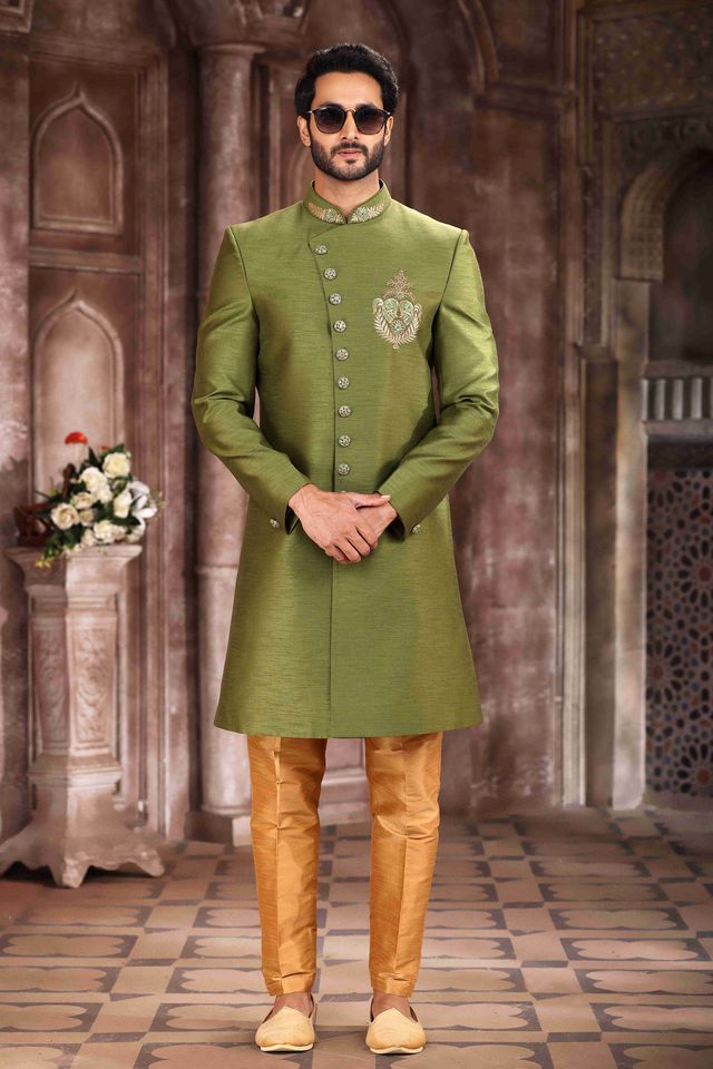 Raivat Ethnic Art Silk Embroidery Work Sherwani In Green Colour | Grocsy