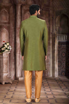 Raivat Ethnic Art Silk Embroidery Work Sherwani In Green Colour | Grocsy