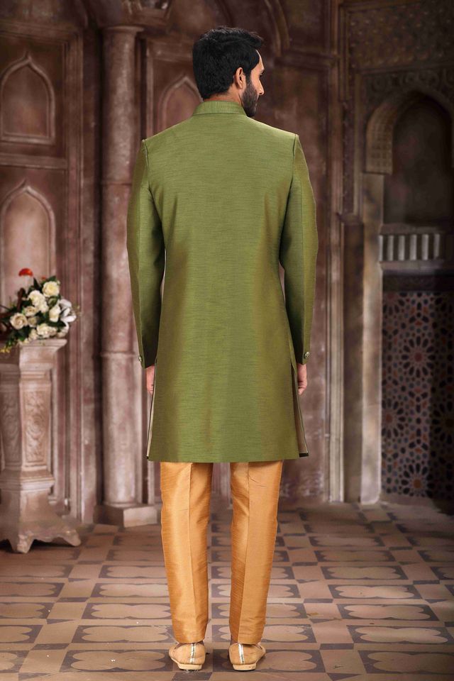 Raivat Ethnic Art Silk Embroidery Work Sherwani In Green Colour | Grocsy