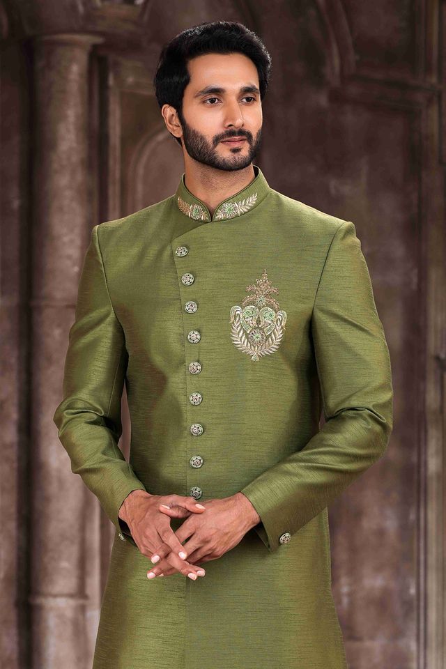 Raivat Ethnic Art Silk Embroidery Work Sherwani In Green Colour | Grocsy