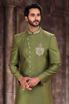 Raivat Ethnic Art Silk Embroidery Work Sherwani In Green Colour | Grocsy