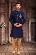 Raivat Ethnic Art Silk Embroidery Work Sherwani In Blue Colour | Grocsy