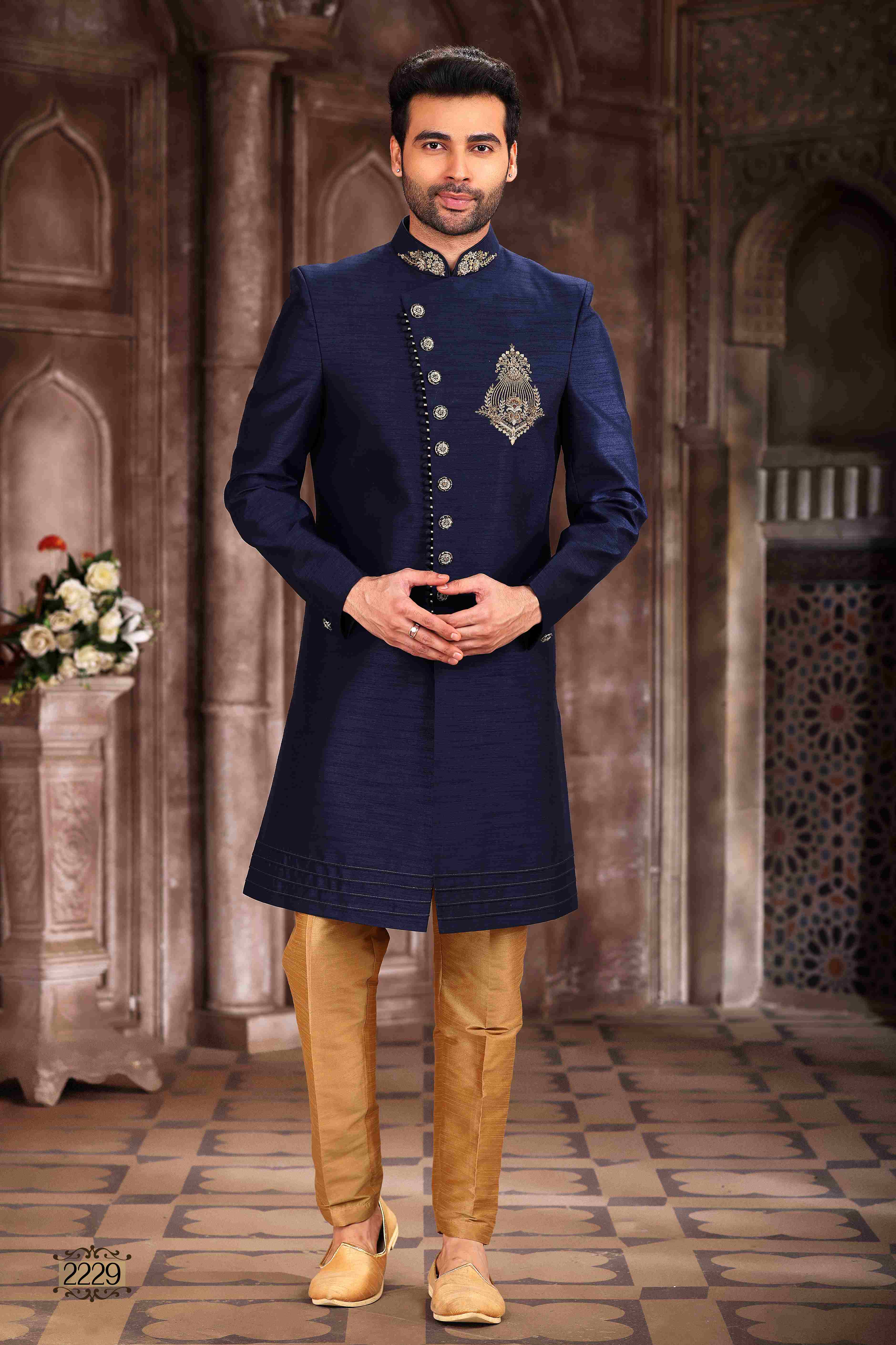 Raivat Ethnic Art Silk Embroidery Work Sherwani In Blue Colour | Grocsy