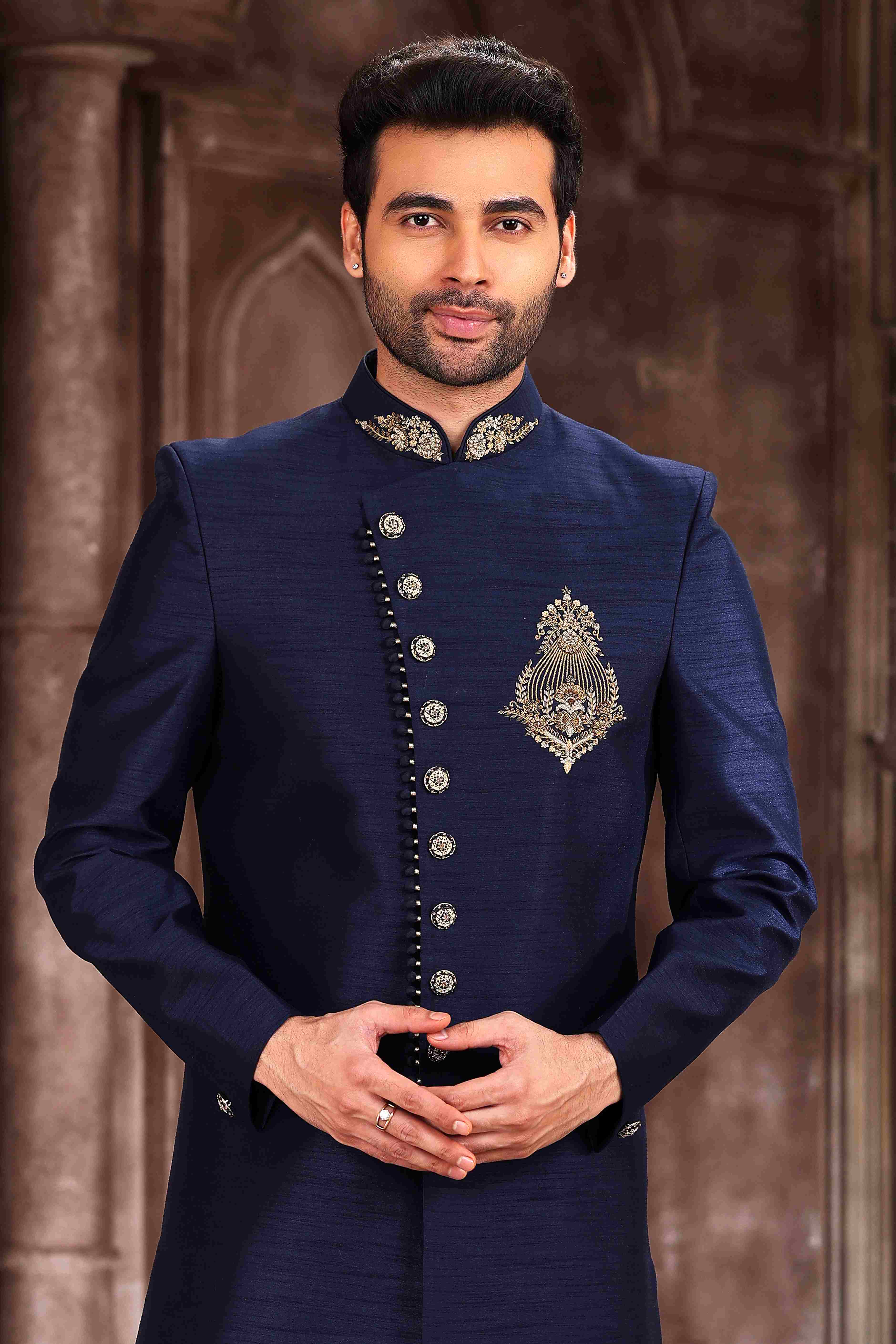 Raivat Ethnic Art Silk Embroidery Work Sherwani In Blue Colour | Grocsy