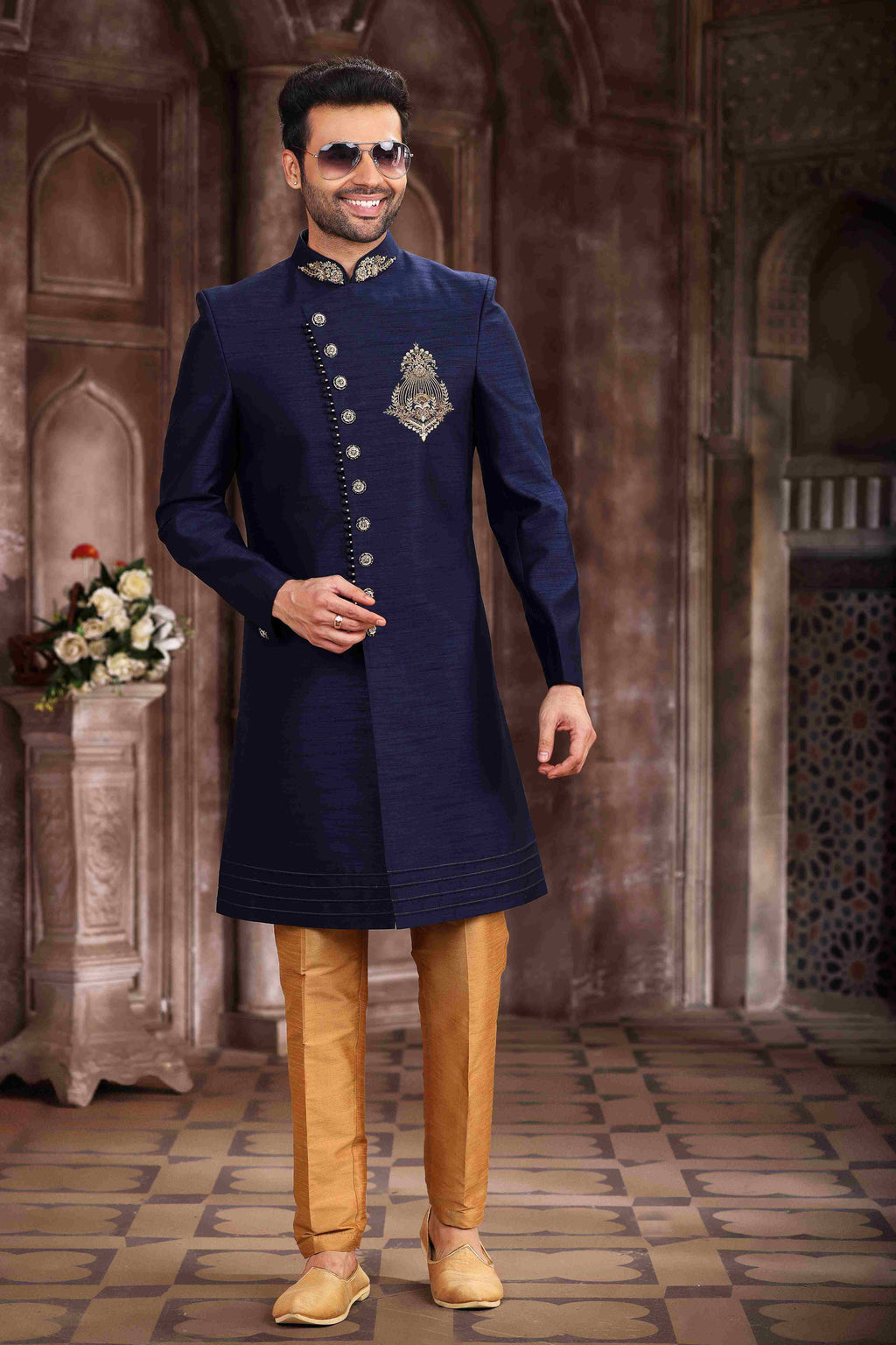 Raivat Ethnic Art Silk Embroidery Work Sherwani In Blue Colour | Grocsy