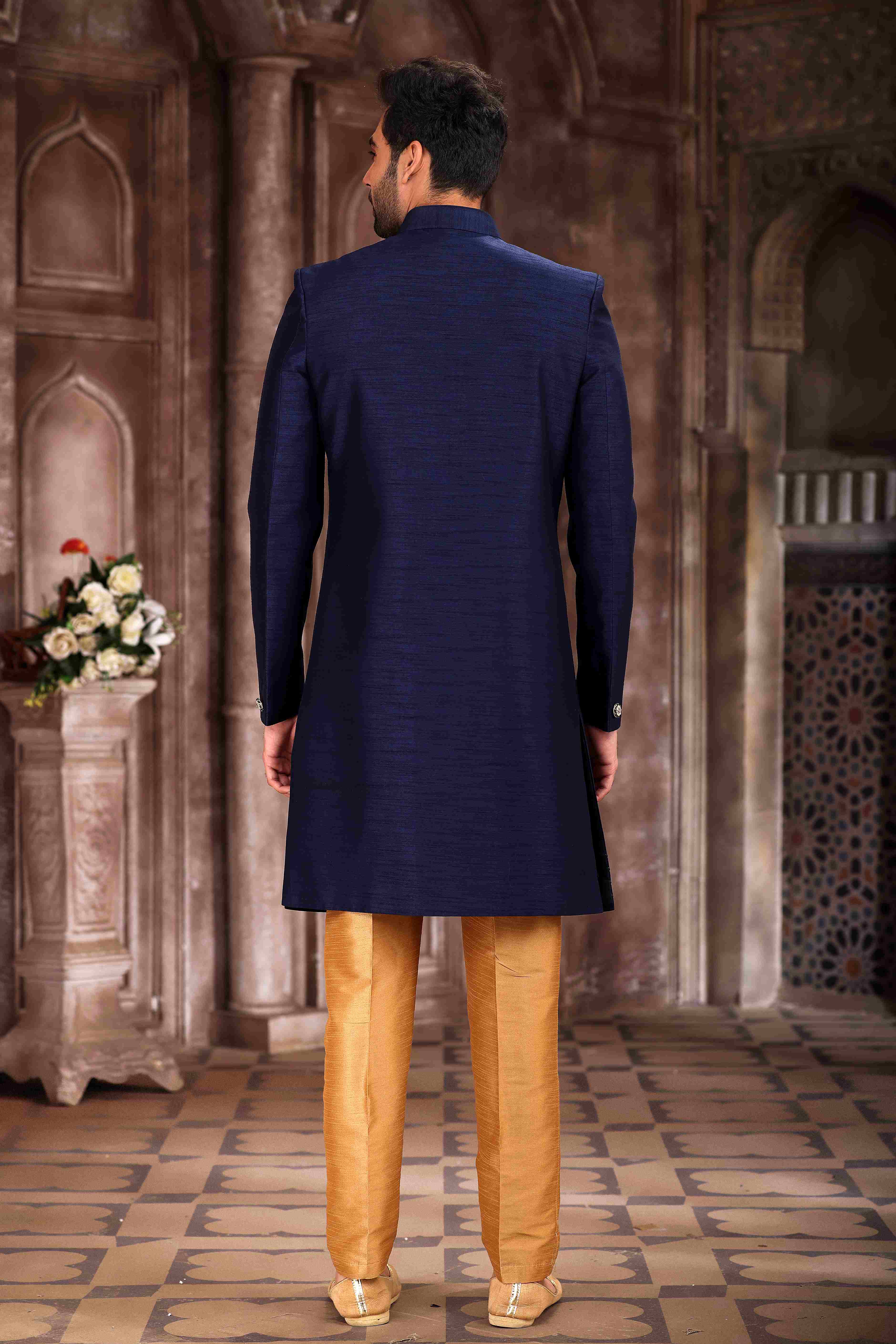 Raivat Ethnic Art Silk Embroidery Work Sherwani In Blue Colour | Grocsy