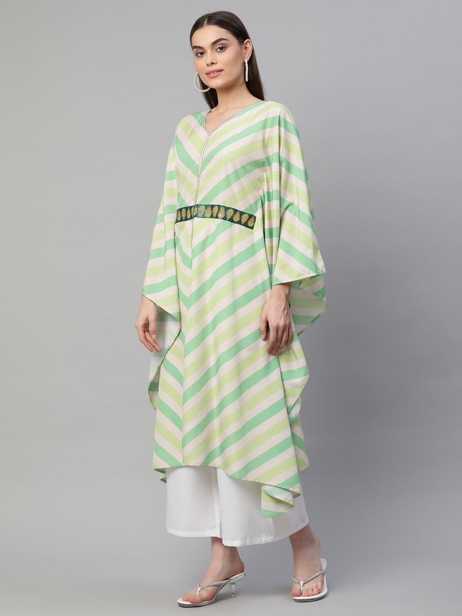 Ahalyaa Women Green Crepe Digital Printed Flared Sleeve Kaftan Kurta | Grocsy