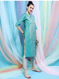 Maai Rayon Hand Printed Kurta Sky Blue | Grocsy