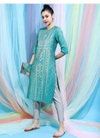 Maai Rayon Hand Printed Kurta Sky Blue | Grocsy