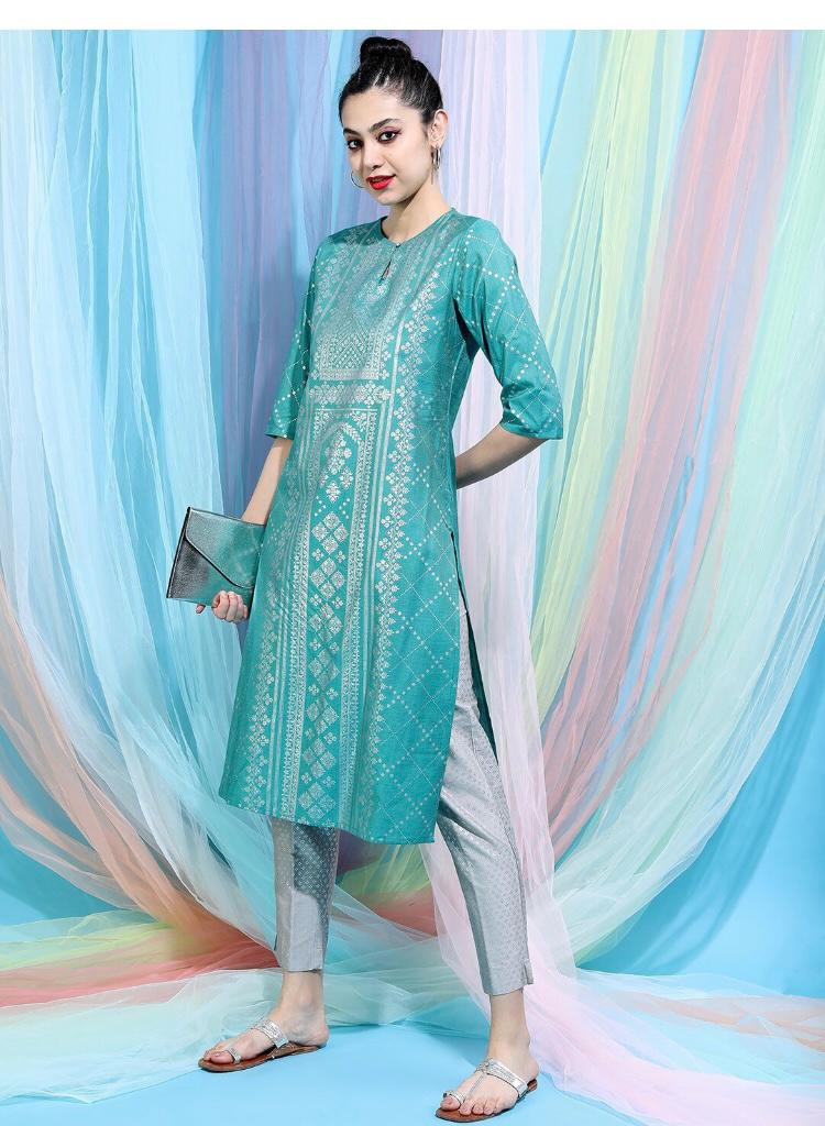 Maai Rayon Hand Printed Kurta Sky Blue | Grocsy