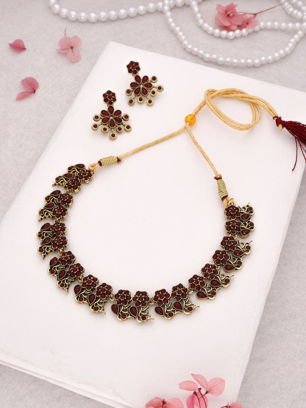 Tehzeeb Creations Luxurious Gold Polished Maroon Colour Diamond Choker Necklace Set With Matching Earrings | Grocsy