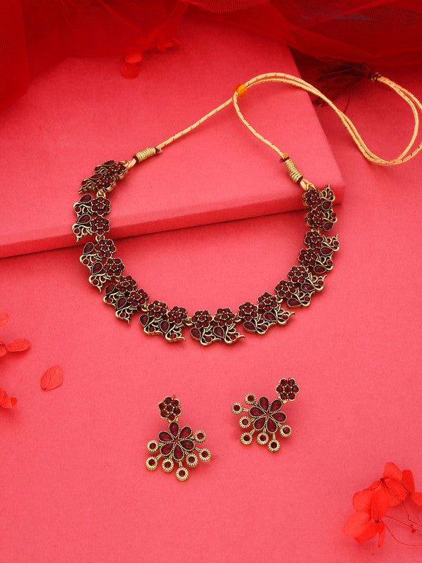 Tehzeeb Creations Luxurious Gold Polished Maroon Colour Diamond Choker Necklace Set With Matching Earrings | Grocsy