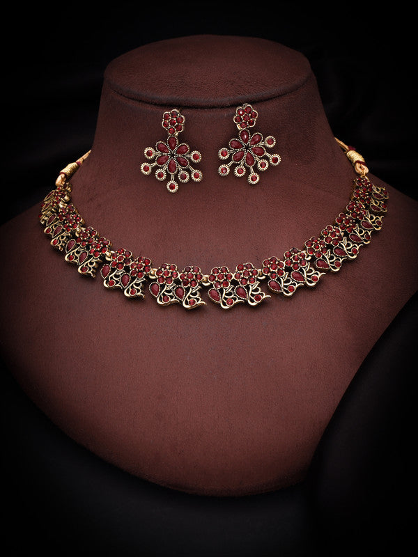 Tehzeeb Creations Luxurious Gold Polished Maroon Colour Diamond Choker Necklace Set With Matching Earrings | Grocsy