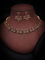Tehzeeb Creations Luxurious Gold Polished Maroon Colour Diamond Choker Necklace Set With Matching Earrings | Grocsy