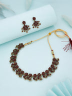 Tehzeeb Creations Luxurious Gold Polished Maroon Colour Diamond Choker Necklace Set With Matching Earrings | Grocsy