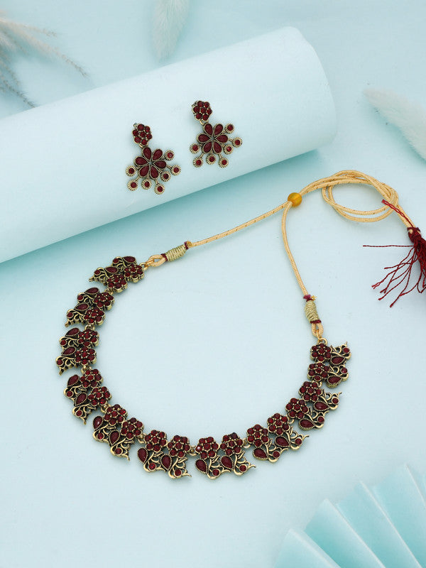 Tehzeeb Creations Luxurious Gold Polished Maroon Colour Diamond Choker Necklace Set With Matching Earrings | Grocsy