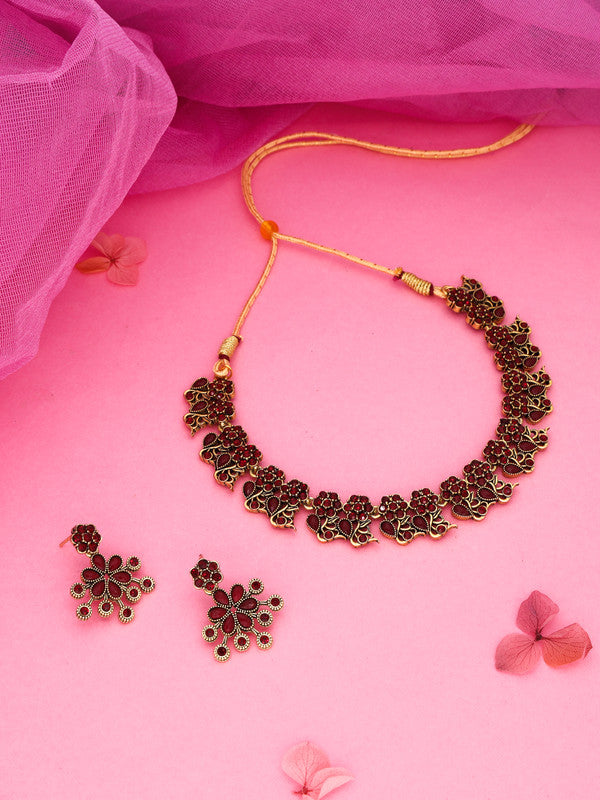 Tehzeeb Creations Luxurious Gold Polished Maroon Colour Diamond Choker Necklace Set With Matching Earrings | Grocsy