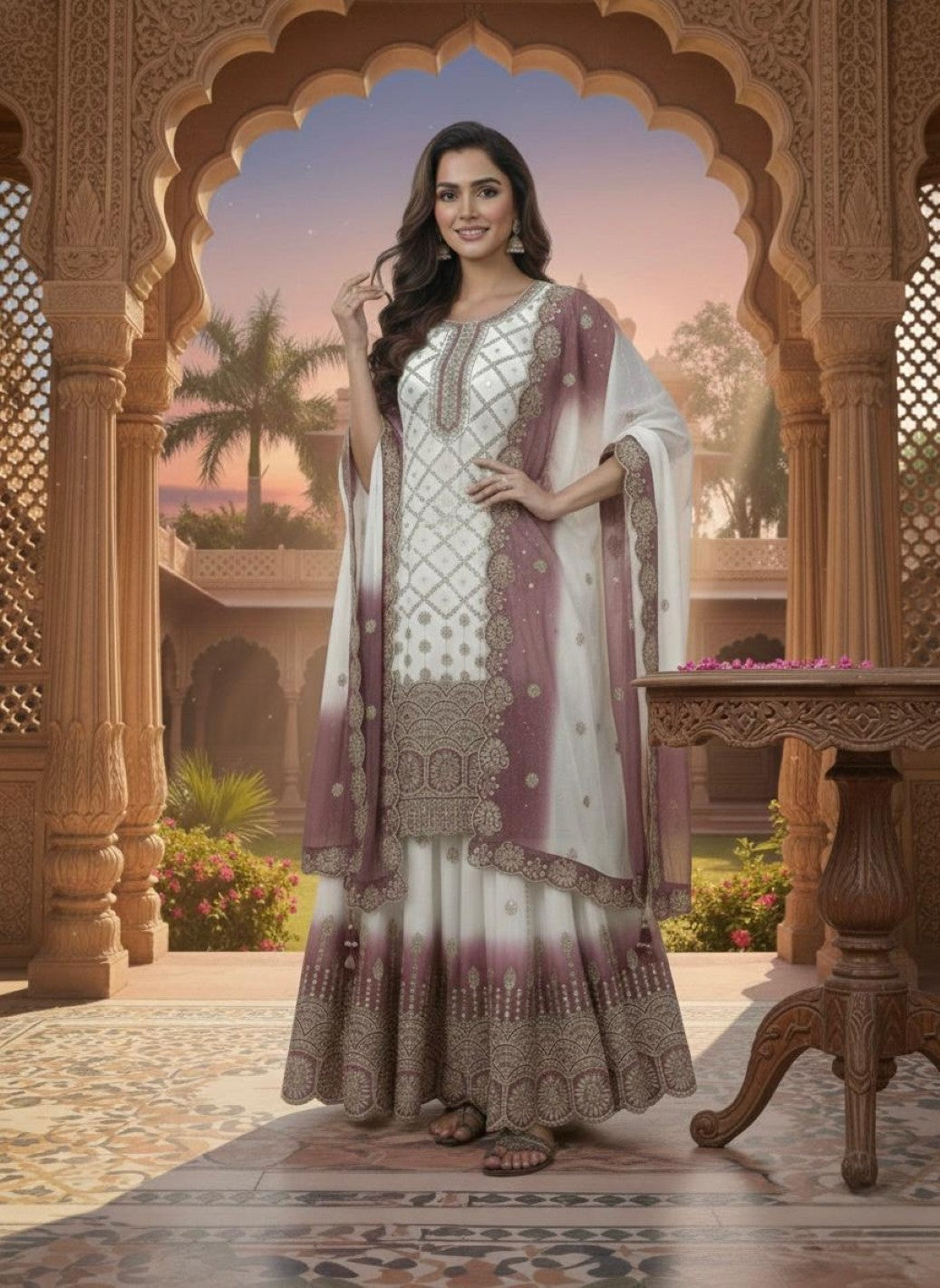 Anaita Purple & White Georgette Readymade Suit with Embroidery & Sequence Work | Grocsy