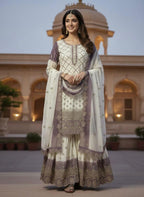 Anaita Lavender & White Georgette Readymade Suit with Embroidery & Sequence Work | Grocsy