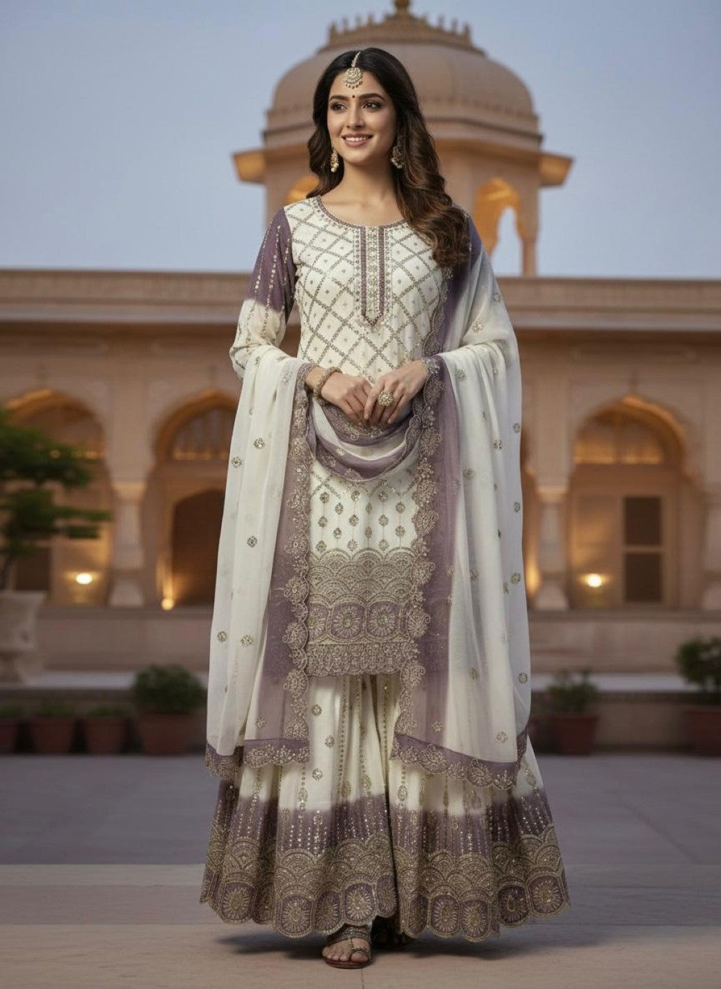 Anaita Lavender & White Georgette Readymade Suit with Embroidery & Sequence Work | Grocsy