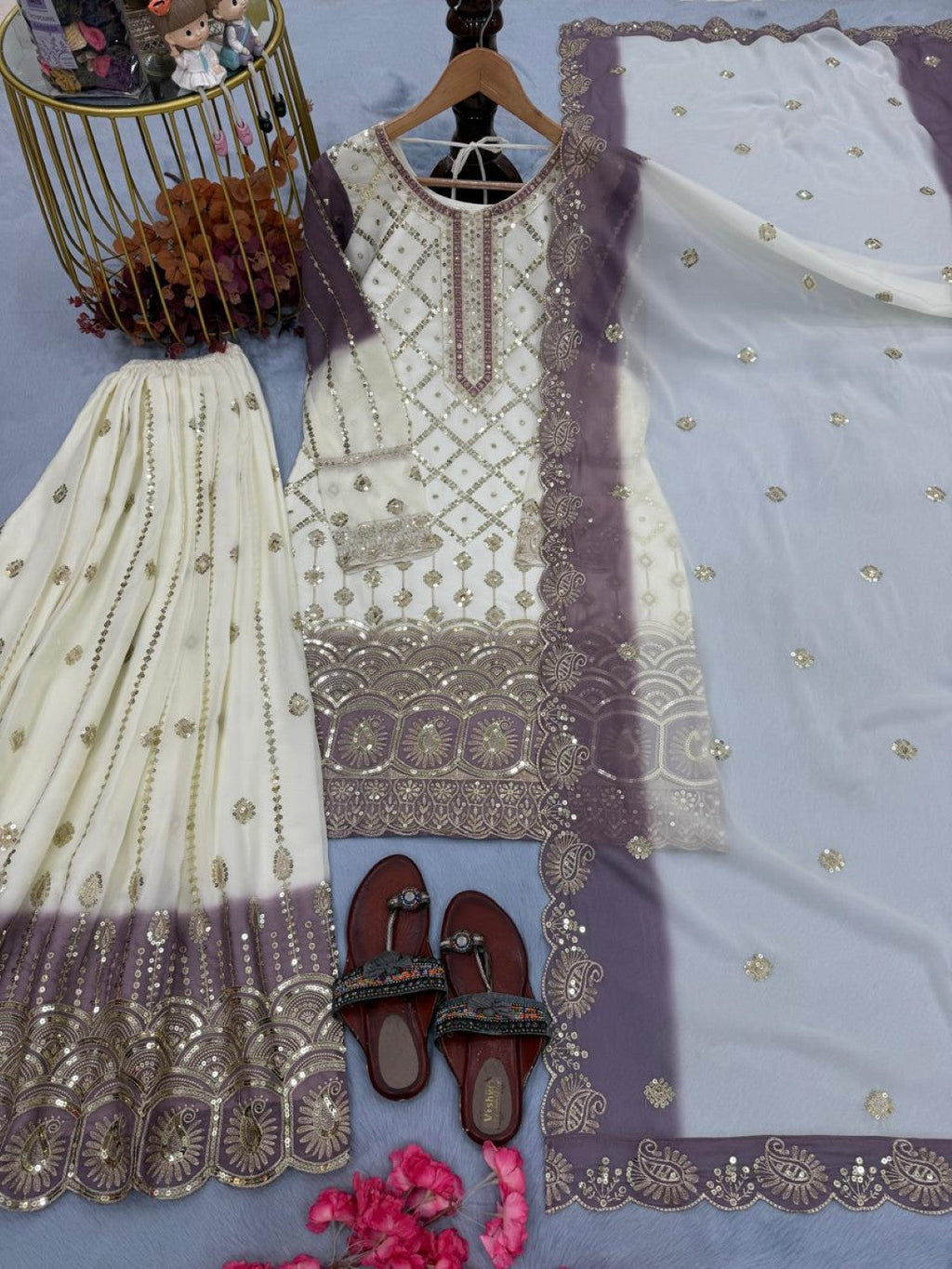 Anaita Lavender & White Georgette Readymade Suit with Embroidery & Sequence Work | Grocsy