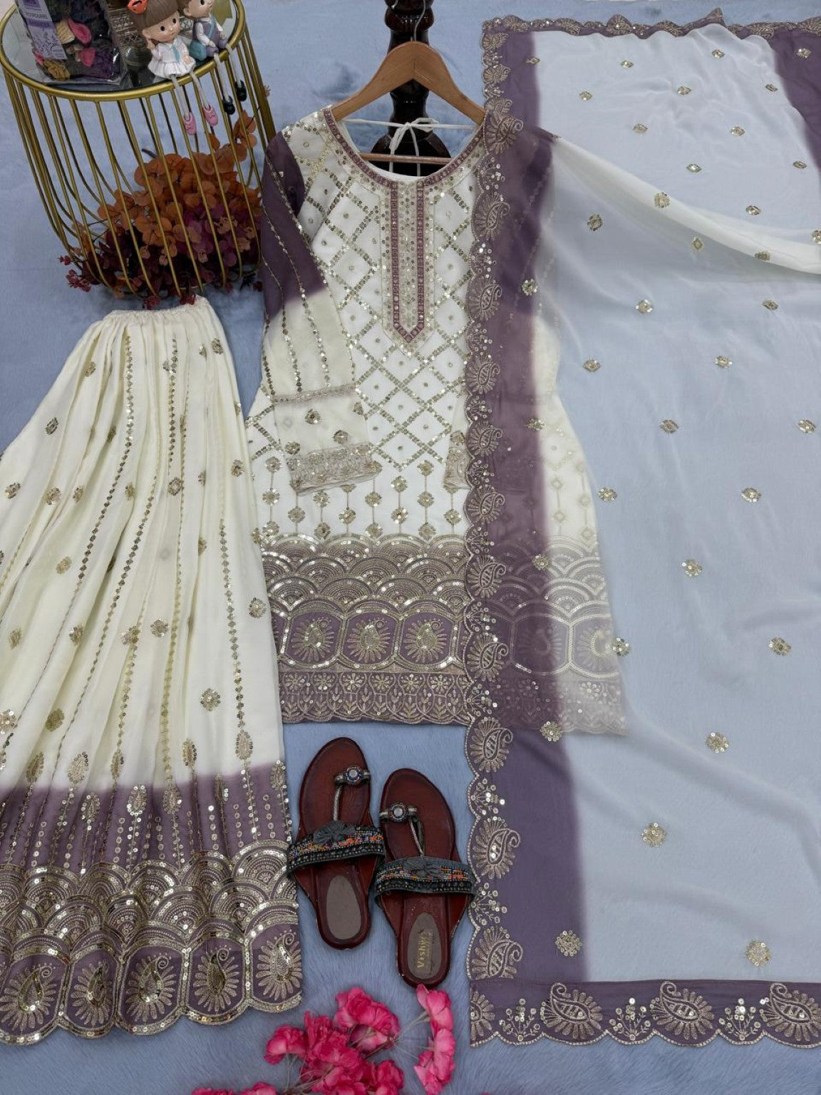 Anaita Lavender & White Georgette Readymade Suit with Embroidery & Sequence Work | Grocsy