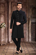 Raivat Ethnic Art Silk Embroidery Work Sherwani In Black Colour | Grocsy
