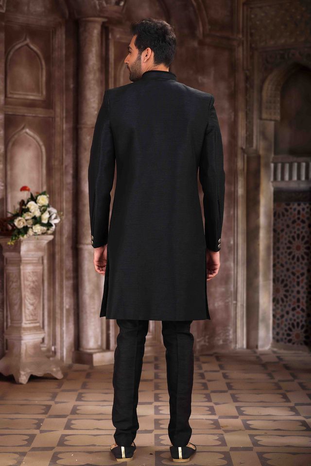 Raivat Ethnic Art Silk Embroidery Work Sherwani In Black Colour | Grocsy
