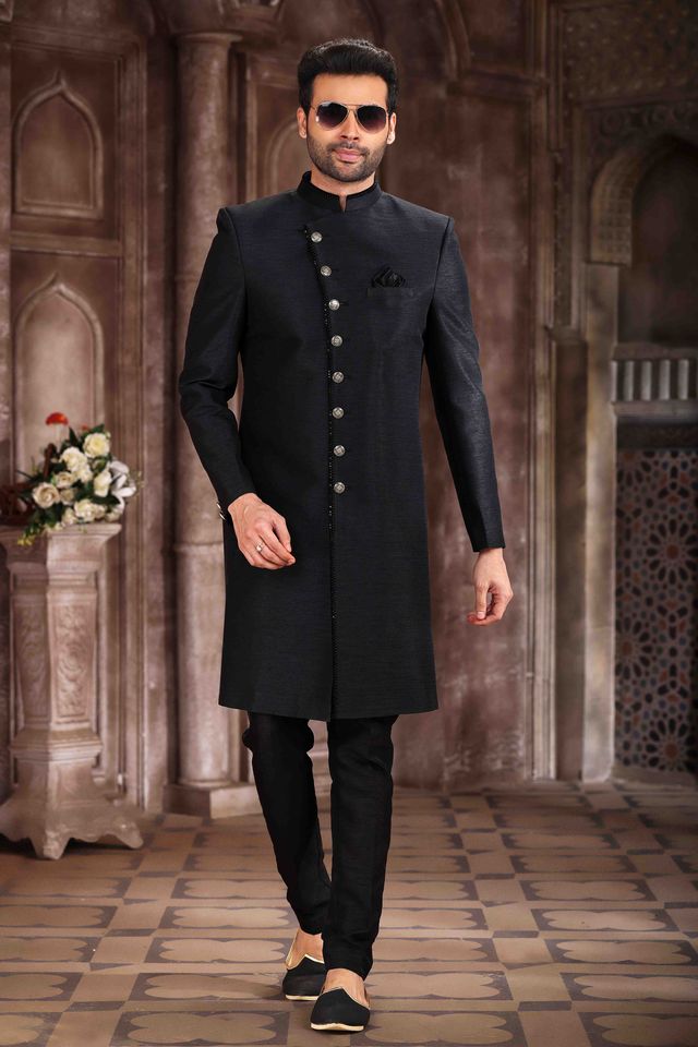 Raivat Ethnic Art Silk Embroidery Work Sherwani In Black Colour | Grocsy
