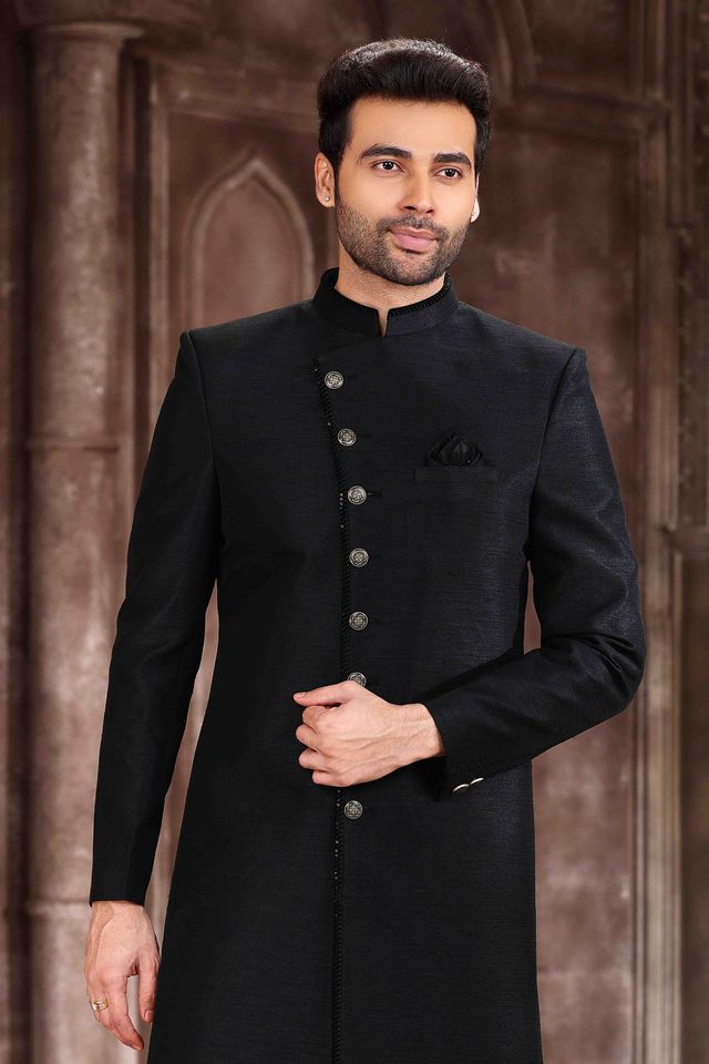 Raivat Ethnic Art Silk Embroidery Work Sherwani In Black Colour | Grocsy