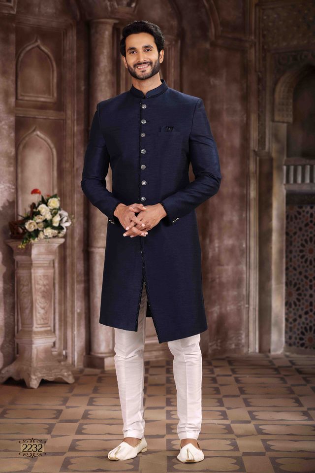 Raivat Ethnic Art Silk Embroidery Work Sherwani In Blue Colour | Grocsy