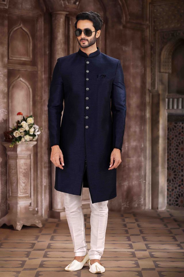Raivat Ethnic Art Silk Embroidery Work Sherwani In Blue Colour | Grocsy