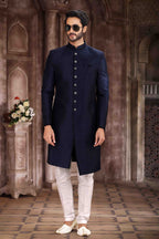 Raivat Ethnic Art Silk Embroidery Work Sherwani In Blue Colour | Grocsy