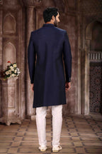 Raivat Ethnic Art Silk Embroidery Work Sherwani In Blue Colour | Grocsy
