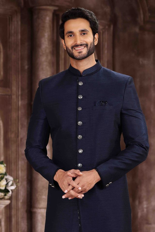 Raivat Ethnic Art Silk Embroidery Work Sherwani In Blue Colour | Grocsy