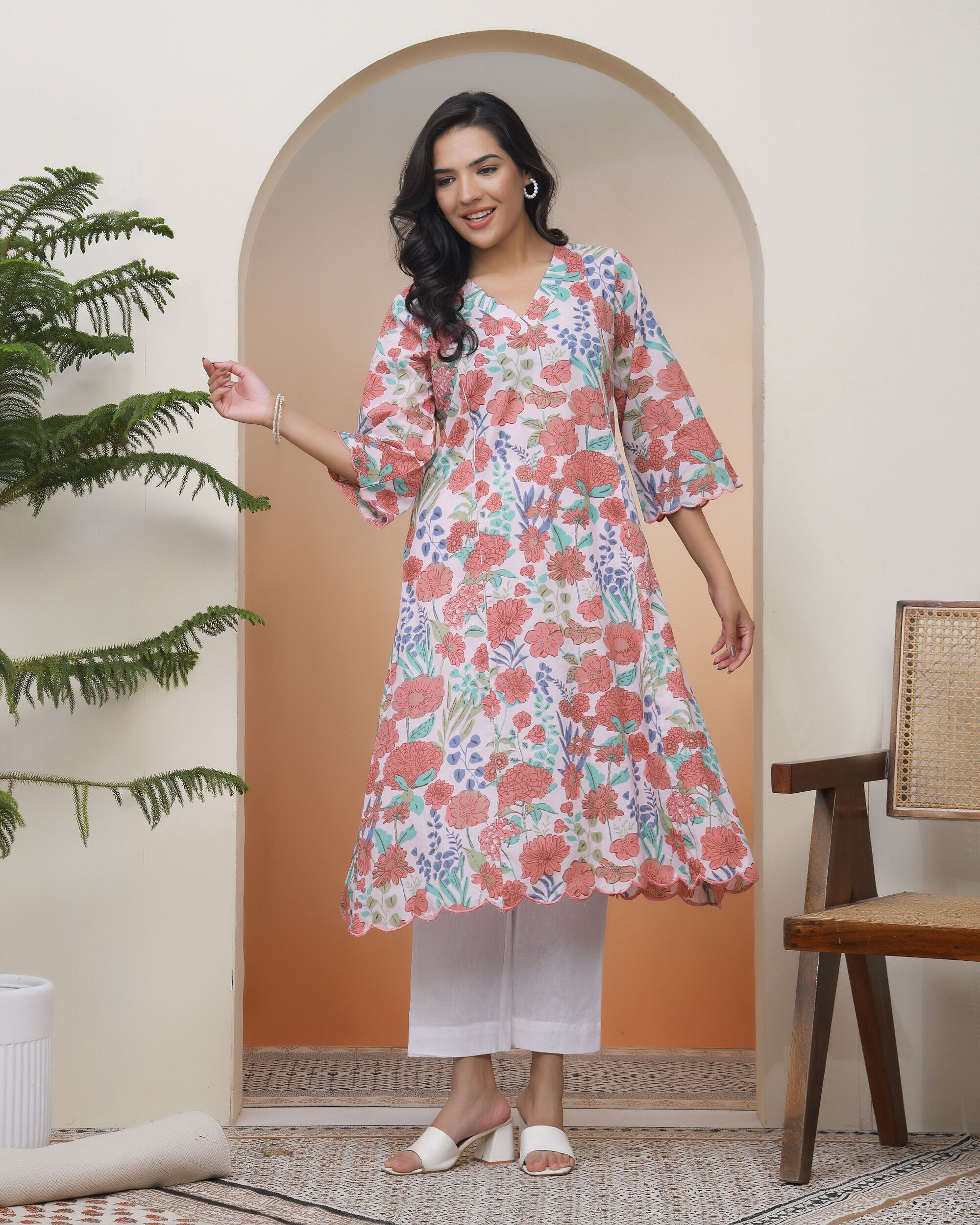 Vaasva Women Peach Floral Cotton Printed Flare Kurti | Grocsy